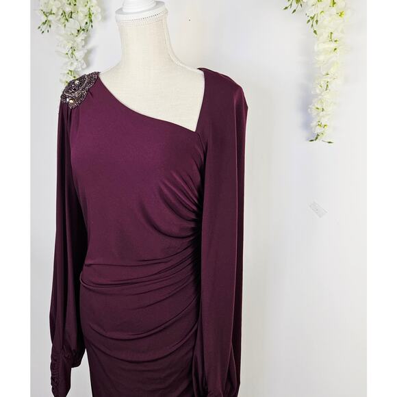 David Meister Size 6 Plum Cocktail Dress Ruched Midi Dress Beaded Elegant Party - Picture 9 of 15